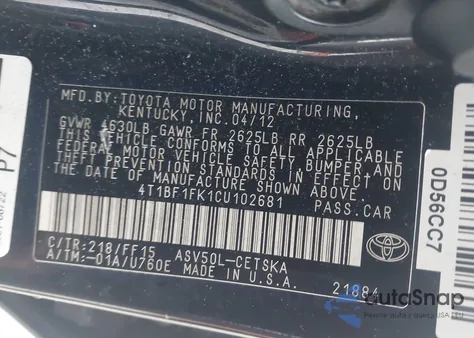 2012 Toyota Camry Se z USA, uszkodzony, nr VIN 4T1BF1FK1CU102681